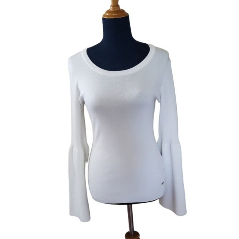 DKNY Ribbed Bell Sleeve Weater Top S White New